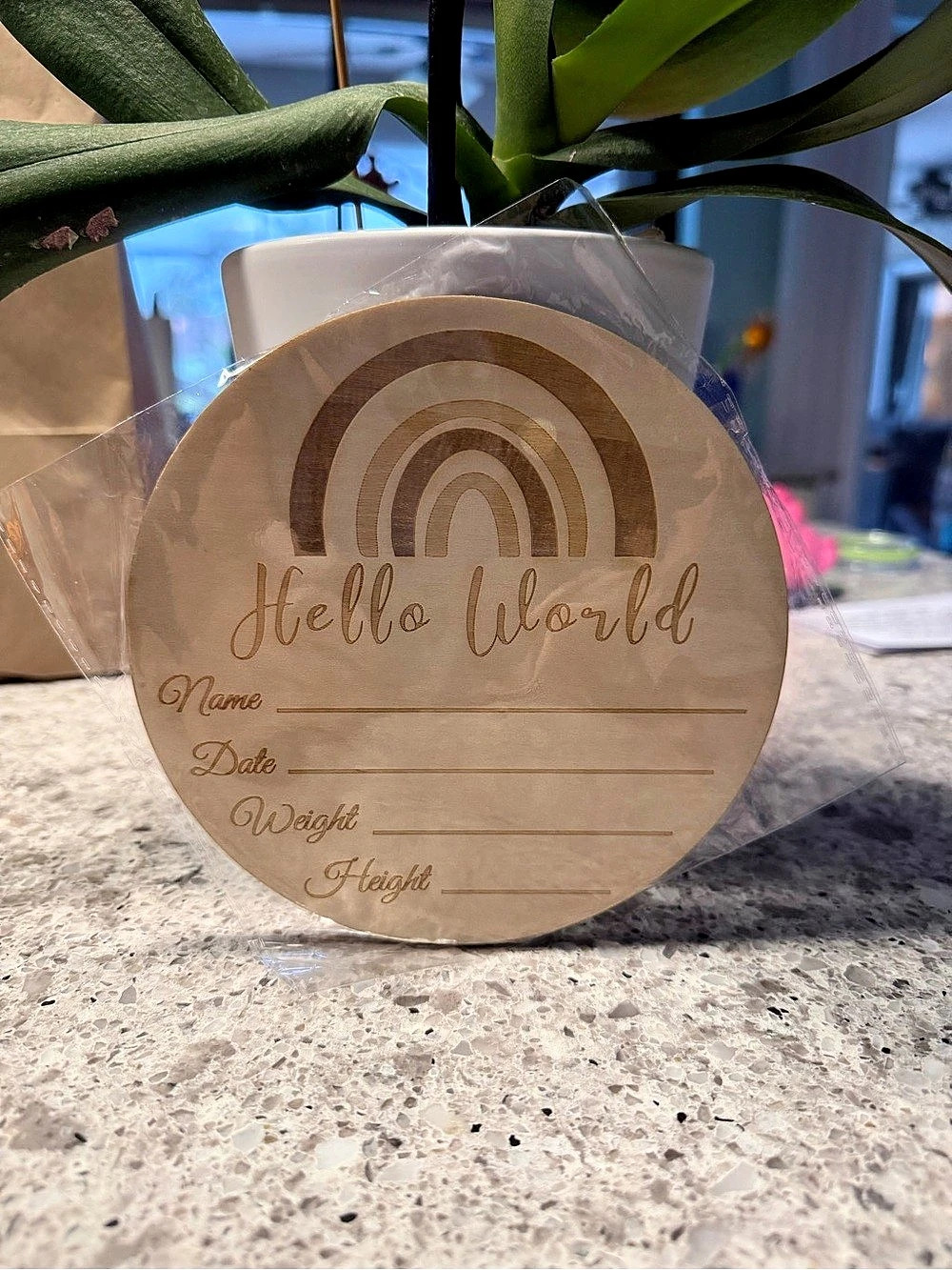 Hello World Baby Birth Announcement Plaque, Brown & Beige
